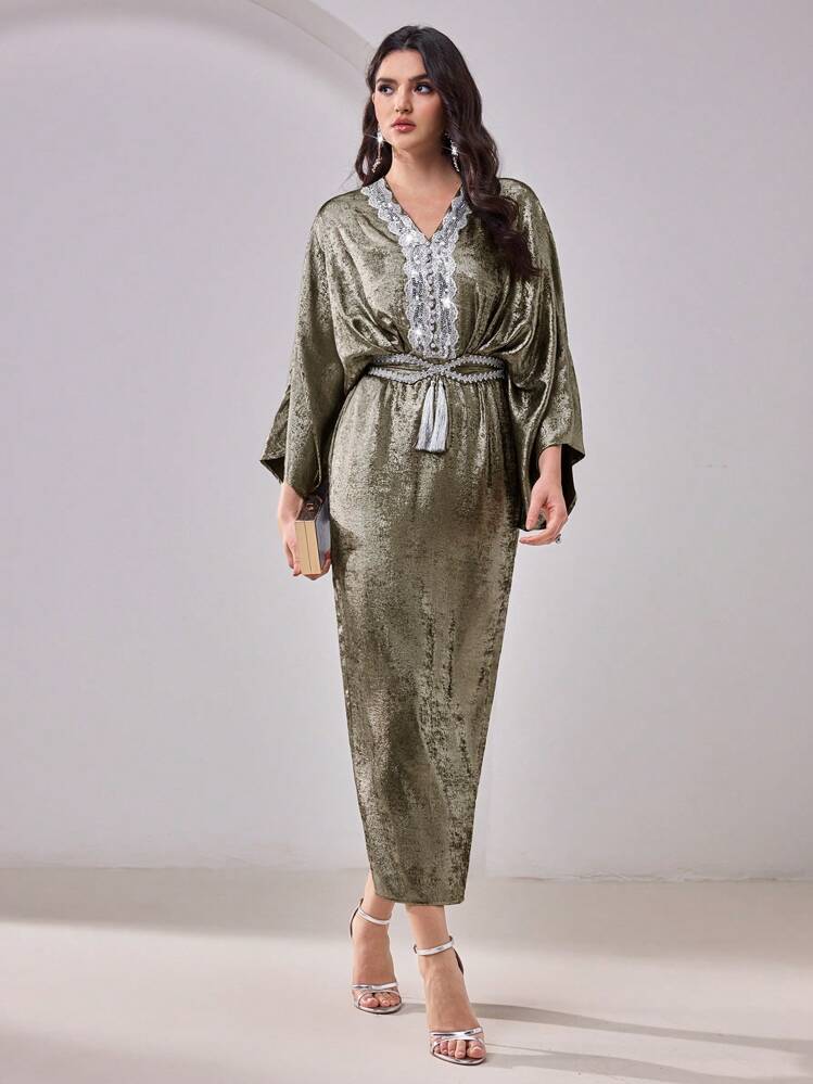 Al Najma Women's Loose Fit Lace Splice V-Neck Batwing Sleeve Arabic Long Dress Kaftan Jalabiya Dress - Black - View 4