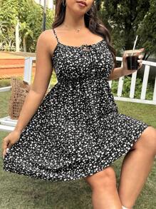 SHEIN EZwear Plus Size Black Ditsy Floral Bohemian Style A-Line Dress, Holiday Season, Spring/Summer