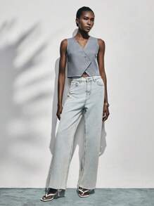 Lumivelle Women's Spring/Summer V-Neck Diagonal Front Button Vest Design Grey Thin Suit Jacket