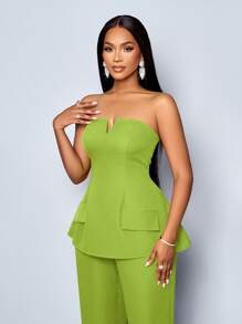 SOLERSUN 女士优雅酒红色纯色 V 领荷叶边下摆露肩抹胸和直筒裤套装 - 綠色 - 查看 3