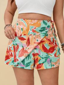 Travachic Große Größen Damen Wrap Shorts mit Blumen- und Pflanzen Muster und Bindedetail, im bohemien Stil mit locker geschnittener Passform, ideal für den Strandurlaub, Outfits für den Valentinstag und Sommer