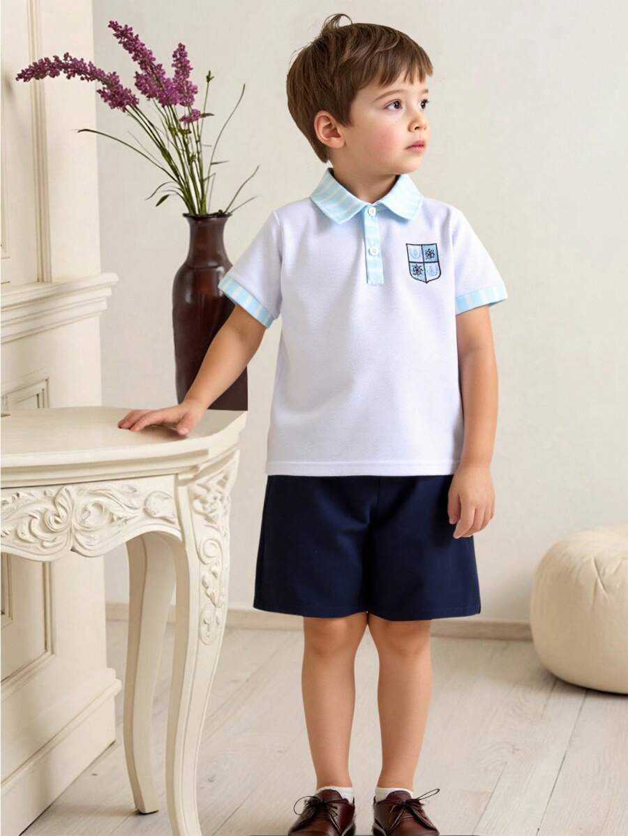 SHEIN Young Boy Boys' (Small) Casual Minimalist Striped Collar Short Sleeve POLO Shirt And Contrasting Color Shorts Set, Suitable For Summer