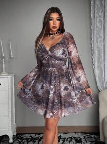 Flirla Plus Size Vintage Print Off Shoulder Mesh Party Dress - Brown - View 3