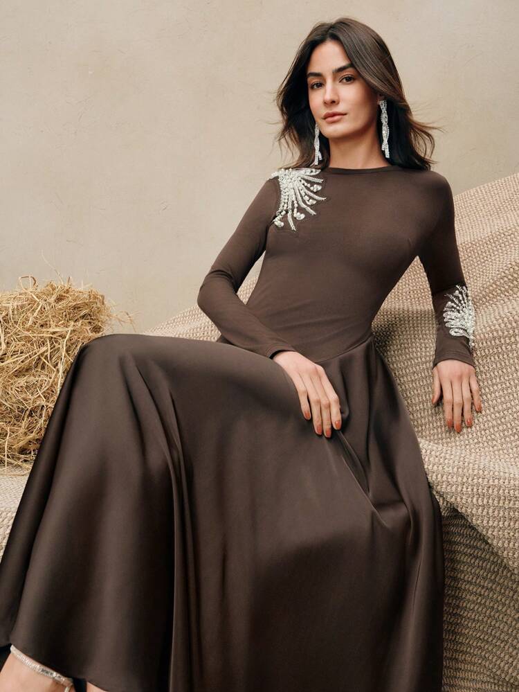 Round Neck Long Sleeve Flared Waist Fitted Elegant Urban Dress, Spring Outfits For Women, Valentine's Day, Date Night