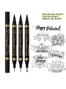 3 Pcs/Lot Double Head Hand Lettering Pens Calligraphy Brush Pens Set Art Markers Black Ink 4 Size For Beginners Writing Back To School - Apricot - View 2