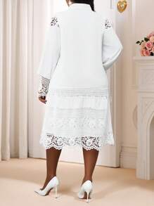 Fleurora 春夏休闲优雅工作白色撞色蕾丝衬衫裙束腰连衣裙中长款女士连衣裙大码连衣裙 - 白色 - 查看 2
