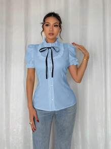 Rafferiza Ruffled Elastic Cuff Bowknot Blouse - Baby Blue - View 4