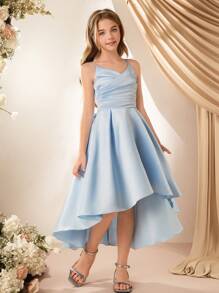 Robe demoiselle d'honneur pour préadolescentes à col en V sans manches avec grand nœud au dos, coupe évasée, courte devant longue derrière, robe de demoiselle d'honneur de luxe pour mariage, anniversaire, représentation - Bleu azur - Voir 6