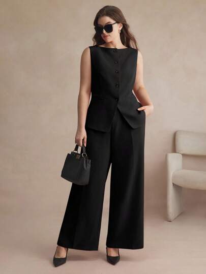Maija Solid Color 2pcs Plus Size Suit Set, Sleeveless Vest And Pants, Minimalist Fashion, Elegant Office Lady Outfit In Fall/Winter