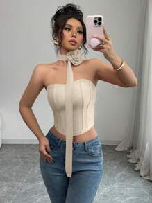 Selianne Atasan Crop Top Tanpa Lengan Motif Bunga Mawar, Warna Merah, Cocok untuk Kencan Hari Valentine, dan Sehari-hari. - Aprikot - View 3