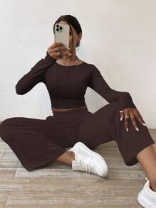 Zolique Solid Color Round Neck Slim Fit Long Sleeve Top And Straight Leg Pants - Coffee Brown - View 5