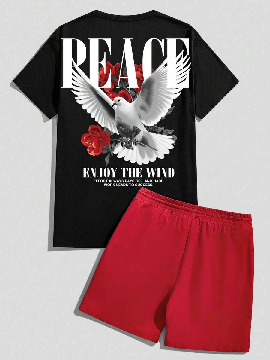 Manfinity EMRG Bộ 2 chiếc áo phông đen họa tiết hoa hồng đỏ và hòa bình phong cách đường phố và quần short đỏ, trang phục mùa hè thoải mái - Nhiều màu - Xem 1