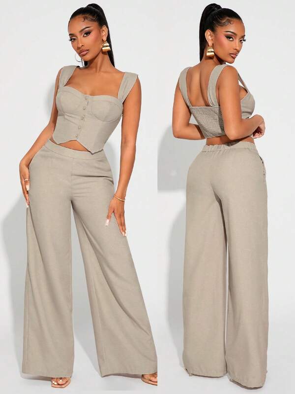 SHEIN SXY Set de damă de mărime mare, primăvară-vară, elegant, minimalist, culoare solidă, in, sexy, cu maiou și nasturi în față, costum cu picior larg, potrivit pentru serviciu, întâlniri, ocazii formale