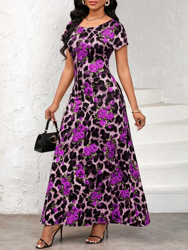 SHEIN Lady Robe élégante à col rond et manches courtes avec imprimé floral pour femmes, convient pour les vacances