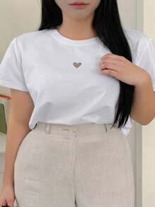 Dazy Plus 宽松圆领镂空爱心短袖 T 恤，白色，春夏 - 白色 - 查看 8