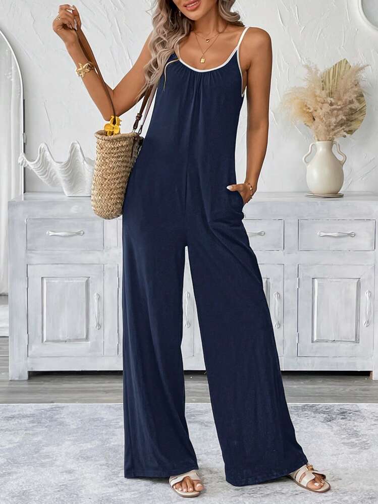 SHEIN LUNE Casual Black & White Contrast Color Sleeveless Jumpsuit With Pockets For Women