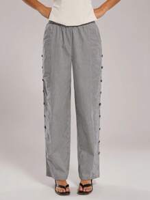 Forever 21 Spring New Elastic Waist Striped Straight Leg Casual Loose Women Pants - Black and White - View 6