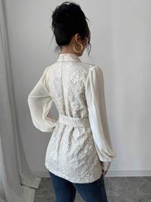 Modelyn 女士提花杏色撞色拼接长袖系带西装外套