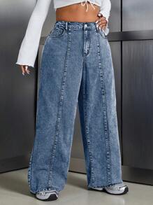 SHEIN ICON Plus Size Dames Losse Pasvorm Zak Wijde Pijp Casual Veelzijdige Jeans