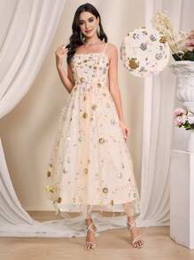 Coutiva 女士亮片花卉网眼吊带优雅舞会礼服、婚礼宾客礼服、适合音乐节春/夏、派对礼服、舞会礼服 - 杏色 - 查看 1