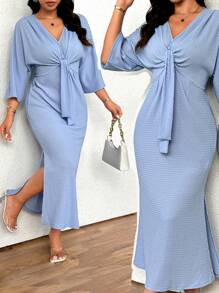 SHEIN Clasi Plus Size Women Elegant Textured Twist Knot Front Midi Dress, Slimming Waist, Stretchy Knit Fabric, High Slit, Blue Long Sleeve Dress For Casual Wear & Commuting - Blue - View 8