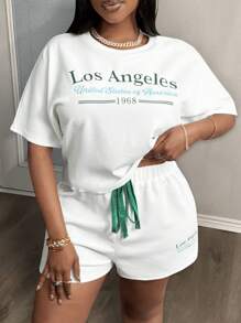 Slaydiva 2024 New Style Easter Western Versatile All-Match Casual Sports Letter Graphic Print Drawstring Elastic Waist Pullover Sweatshirt Crop Top & Shorts Two-Piece Outfit For Women, Plus Size,Holiday Outfits - White - View 4