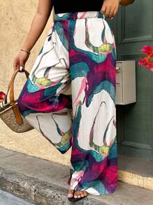 Elegantrix Quần ống rộng in hoa cỡ lớn cho nữ, phong cách nghỉ dưỡng thời trang - Nhiều màu - Xem 4