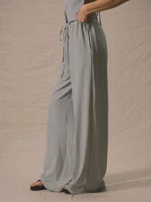 MUSERA Mid Rise Drawstring Waist Wide Leg Casual Trousers Only Summer Cute Vacation Stripe Elegant Fall Autumn Work Office - Blue - View 4