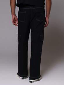 Musero Pantalones rectos de utilidad con pespunte de contraste para hombres - Negro - Ver 4