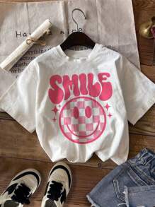 SHEIN Leap Crew 复古美式风格可爱卡通格子笑脸卡通饮料英文字母SMILE卡通猫咪图案少女休闲简约圆领短袖基础款T恤适合春夏 - 彩色 - 查看 6