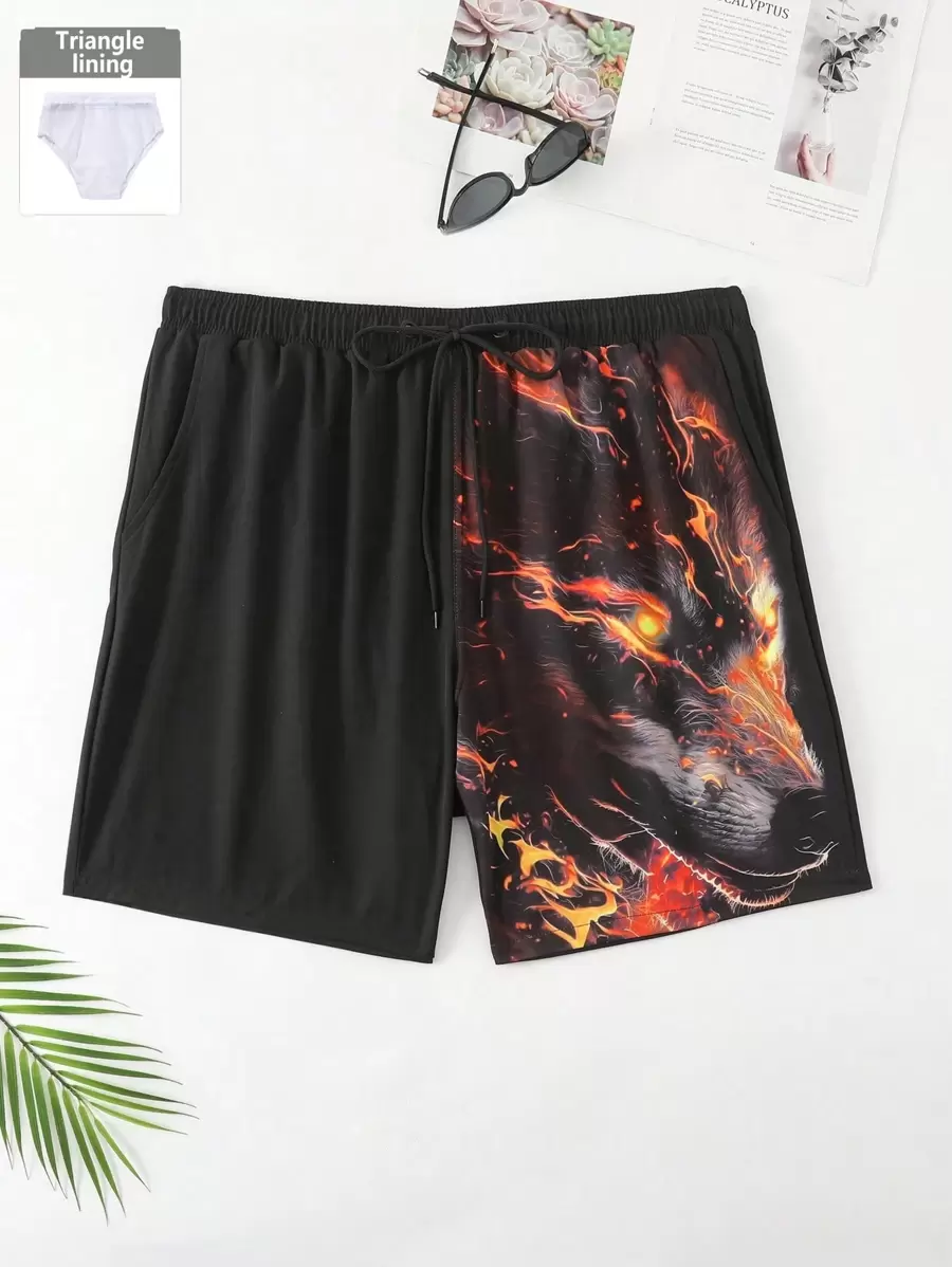 Surfspeed Plus Size Men 3D Animal Print Drawstring Waist Beach Shorts - Black - View 1