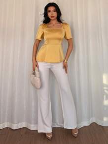 Elenzga Damska satynowa bluzka w jednolitym kolorze z kwadratowym kołnierzykiem i bufiastymi rękawami