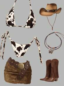 SHEIN ICON 1 件 Y2k 节西部风女式 90 年代服装春夏性感泳装外出奶牛印花领带比基尼上衣，适合度假和海滩