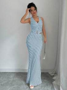 Rafferiza 2pcs/Set Women's Sleeveless V-Neck Twist Front Halter Cut-Out Back Fish Tail Dress - Baby Blue - View 5