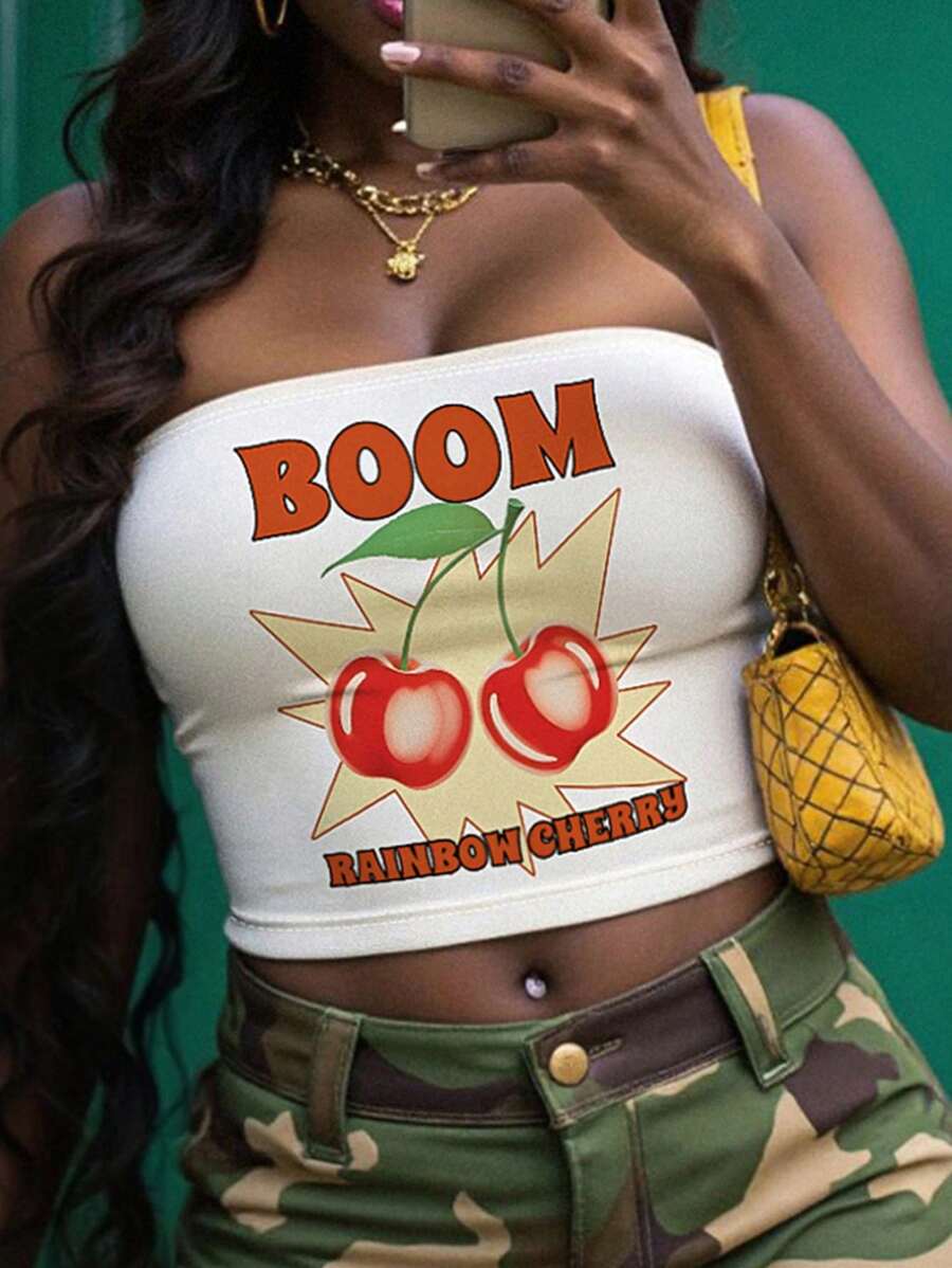 INAWLY Solva Women Cherry Print Cropped Tube Top, Street Style