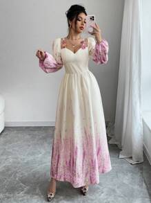 Modelyn 女士编织提花杏色长袖收腰花卉印花连衣裙 - 紫色 - 查看 1