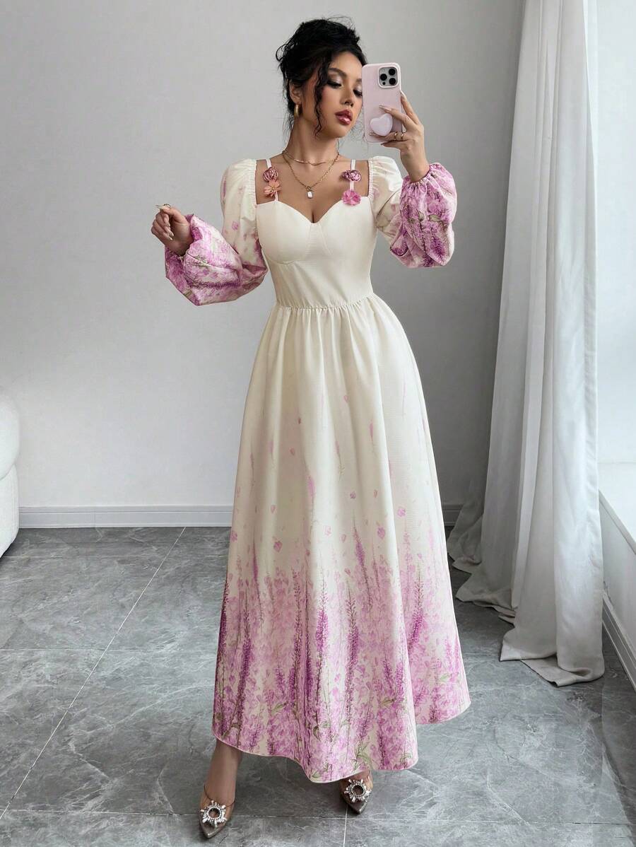 Modelyn 女士编织提花杏色长袖收腰花卉印花连衣裙 - 紫色 - 查看 1