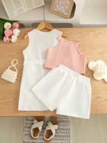 SHEIN Elladie kids 3 件套少女夏装：简约吊带背心、直腿白色短裤、无袖针织提花薄开衫配腰带装饰，简约舒适 - 粉色 - 查看 2