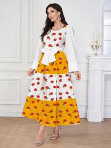 Al Najma Women's Colorblock Round Neck Puff Sleeve Dress With Belt, Elegant Comfortable Arabic Floral Print Polyester Dress, Suitable For Ramadan, Home, Outing, Party, Ramadan Traditional Clothing
