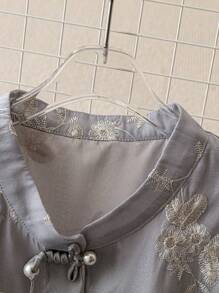 SHEIN Clasi Floral Embroidered Stand Collar Button Up Elegant Long Sleeve Blouse Women Shirt Fall Cloth For Women - Grey - View 3