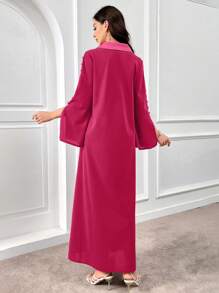Al Najma 女士优雅纯色开衩长袖阿拉伯连衣裙，端庄 - 玫紅色 - 查看 2
