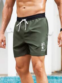 Surfspeed Men's Letter & Palm Tree Print Drawstring Waist Casual Beach Shorts - Army Green - View 3