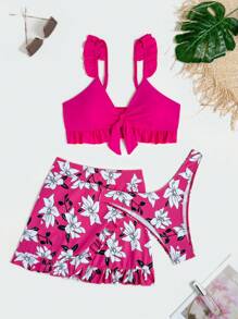 Swim Lushoire 3pcs/Set Women Summer Beach Floral Print Halter Bikini Set With Ruffled Edge + Cover Up + Mini Skirt, Random Print - Hot Pink - View 3