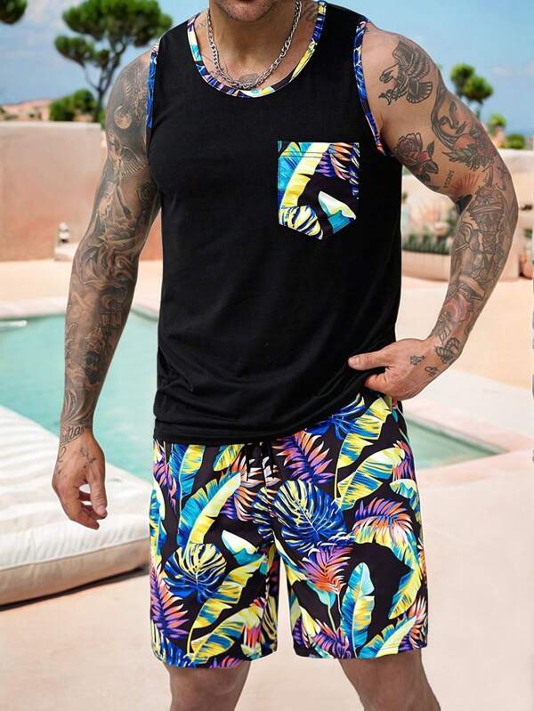 Manfinity RSRT Conjunto de 2 piezas de chaleco y pantalones cortos con estampado tropical de planta para hombres Manfinity RSRT - Conjunto de vacaciones de verano para hombres, atuendo de playa, atuendos tropicales de hombres con detalles reflectantes y coloridos