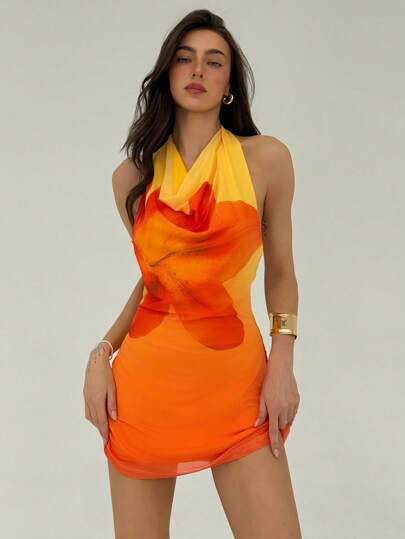 Aloruh Vestido corto naranja con estampado de flores en degradado, cuello halter y espalda descubierta, para mujer, ideal para vacaciones de verano, ropa de playa y vacaciones tropicales
