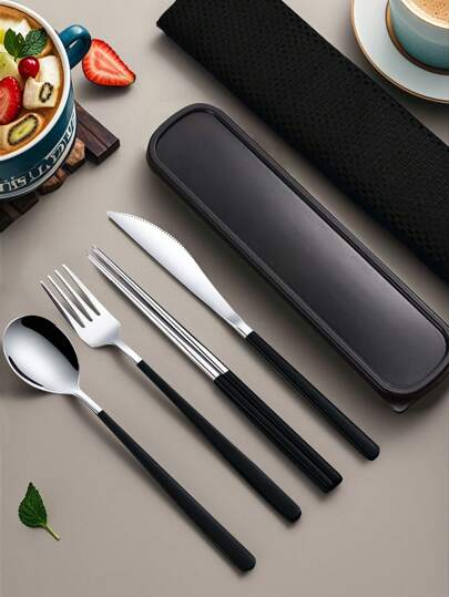 SHEIN 旅行用具，返回学校，旅行银器套装带盒子，餐具套装便携式营地可重复使用的不锈钢餐具银器，学校用品，包括带盒子的叉勺筷子，适用于西餐、厨房、午餐盒办公室野餐日常饮食，圣诞节（黑色），各种组合可用圣诞节作为节日礼物