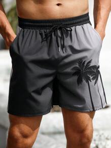 Manfinity VDAYZ Bóxer de baño para hombre, shorts de playa informales con estampado 3D degradado de árboles de coco hawaianos, con cordón en la cintura, una sola capa sin forro, perfecto para uso casual, vacaciones y ropa de playa, hawaianos