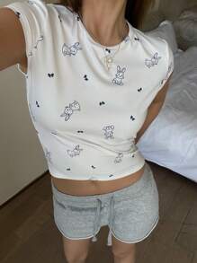 SHEIN TEEN GIRL 白色卡通可爱图案圆领短袖，合身可爱短袖 T 恤 - 白色 - 查看 3