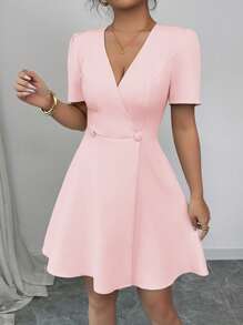 Elenzga Women's Solid Color Elegant French Style Commute Crossed V-Neck Double-Breasted Decorative Big Hem A-Line Short Sleeve Mini Dress, Spring/Summer - Pink - View 5
