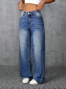 SHEIN ICON Casual Bowknot Embroidered Washed Straight-Leg Jeans